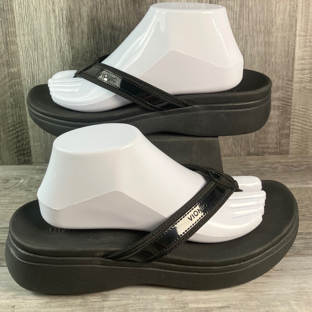 Vionic High Tide II Black Platform Wedge Sandals Womens 10 Orthotic Flip Flops